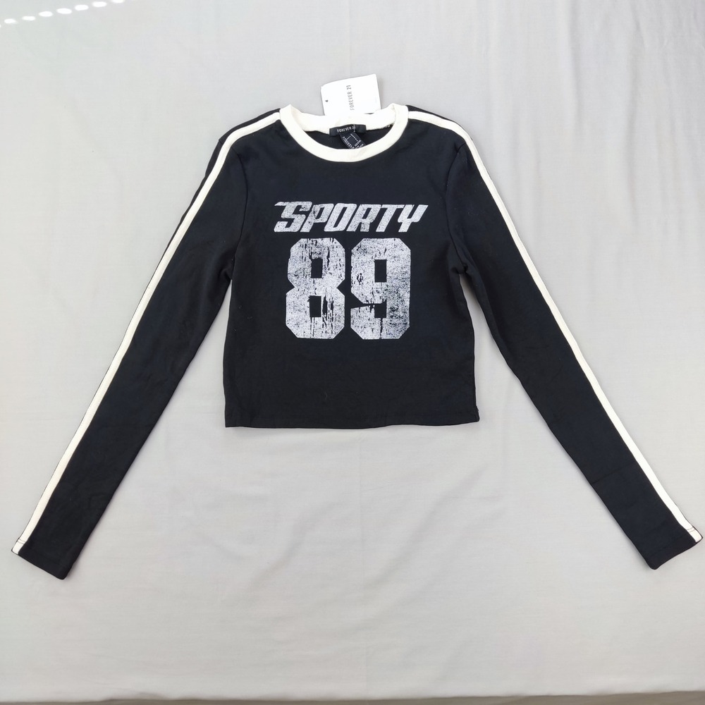 Forever 21 Top Womens S Black Sporty 89 Graphic Ringer Crop Long Sleeve Stripe